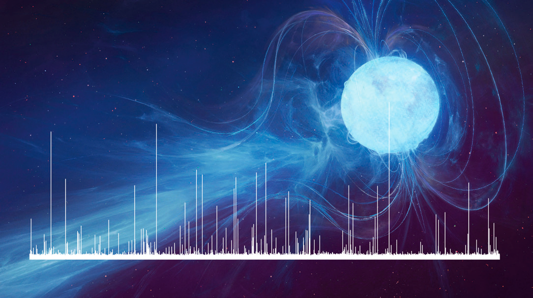 Artistic image of a magnetized neutron star with superimposed the lightcurve of the bursting activity of the magnetar SGR 0501+4561 as observed by ESA XMM-Newton satellite