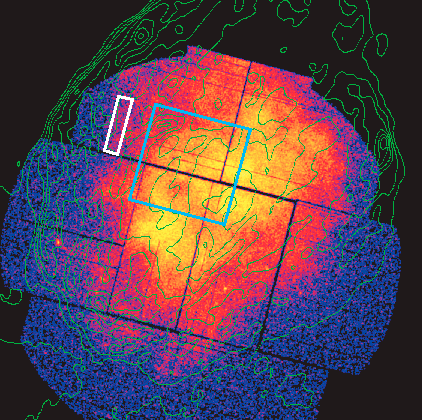 The supernova remnant W44 in X-rays, with an overlay of the radio emission and some regions of interest marked